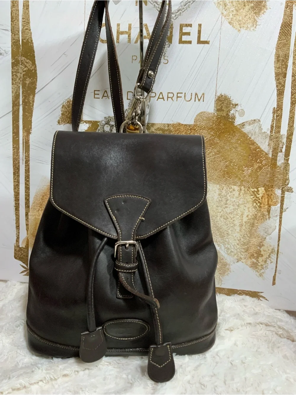 Dooney & Bourke Dark Brown Leather Drawstring Backpack
